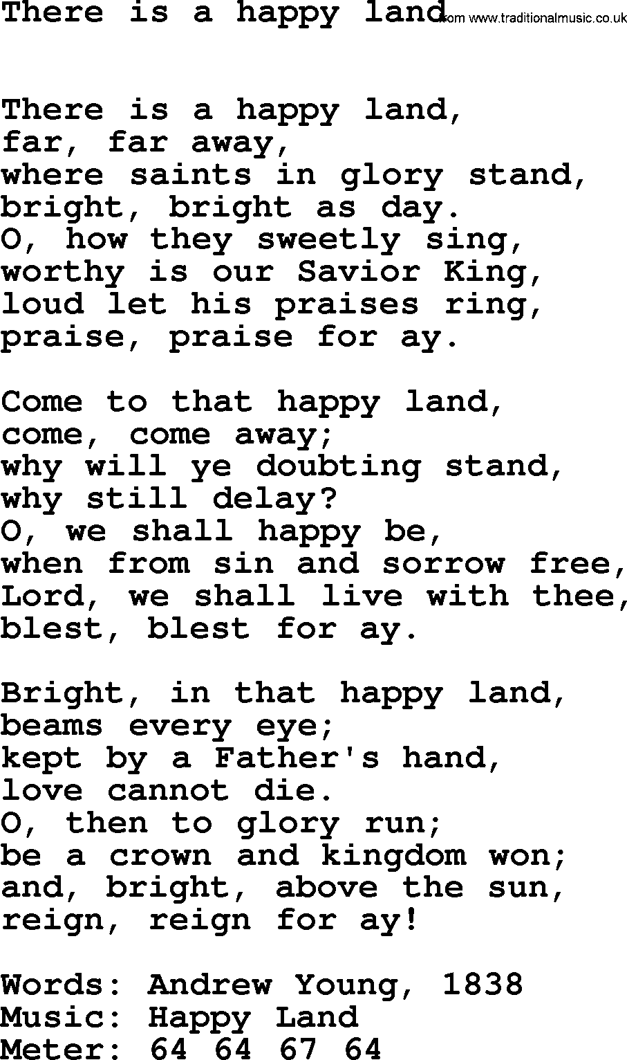 Book of Common Praise Hymn: There Is A Happy Land.txt lyrics with midi music