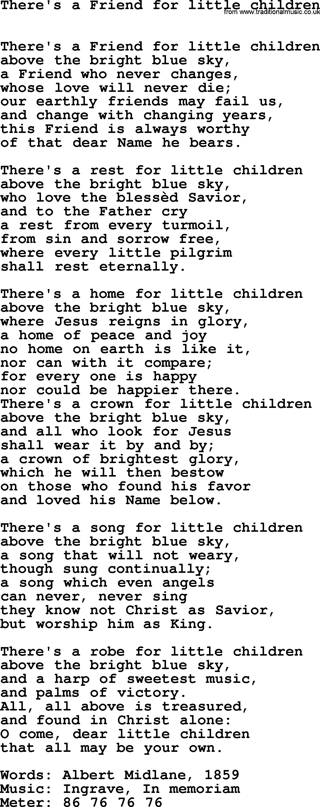 Book of Common Praise Hymn: There's A Friend For Little Children.txt lyrics with midi music