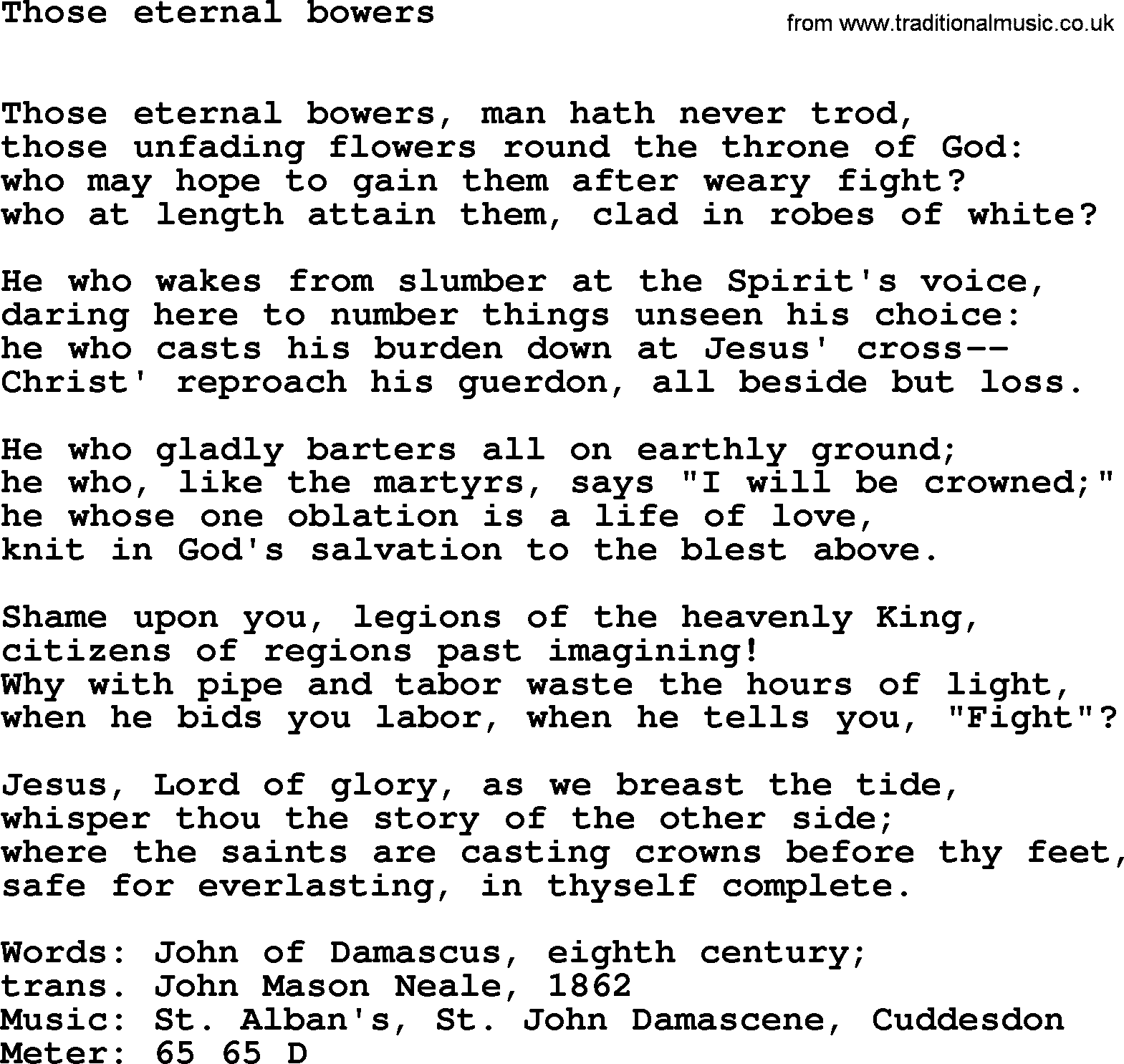 Book of Common Praise Hymn: Those Eternal Bowers.txt lyrics with midi music