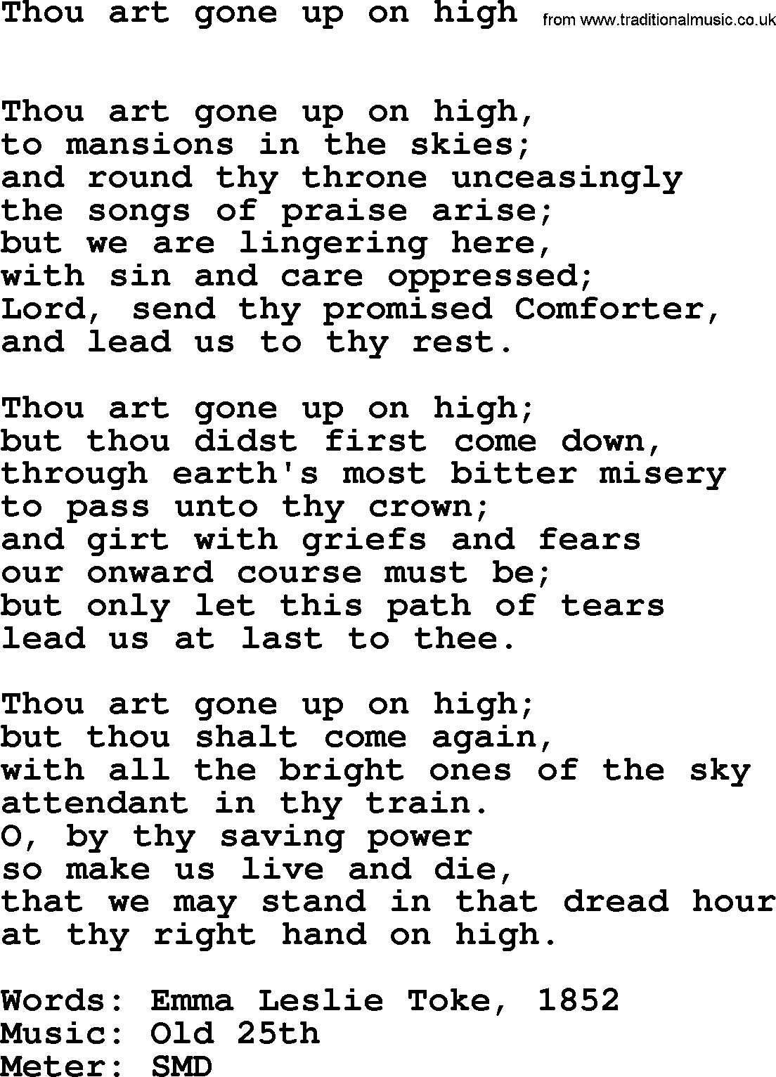 Book of Common Praise Hymn: Thou Art Gone Up On High.txt lyrics with midi music