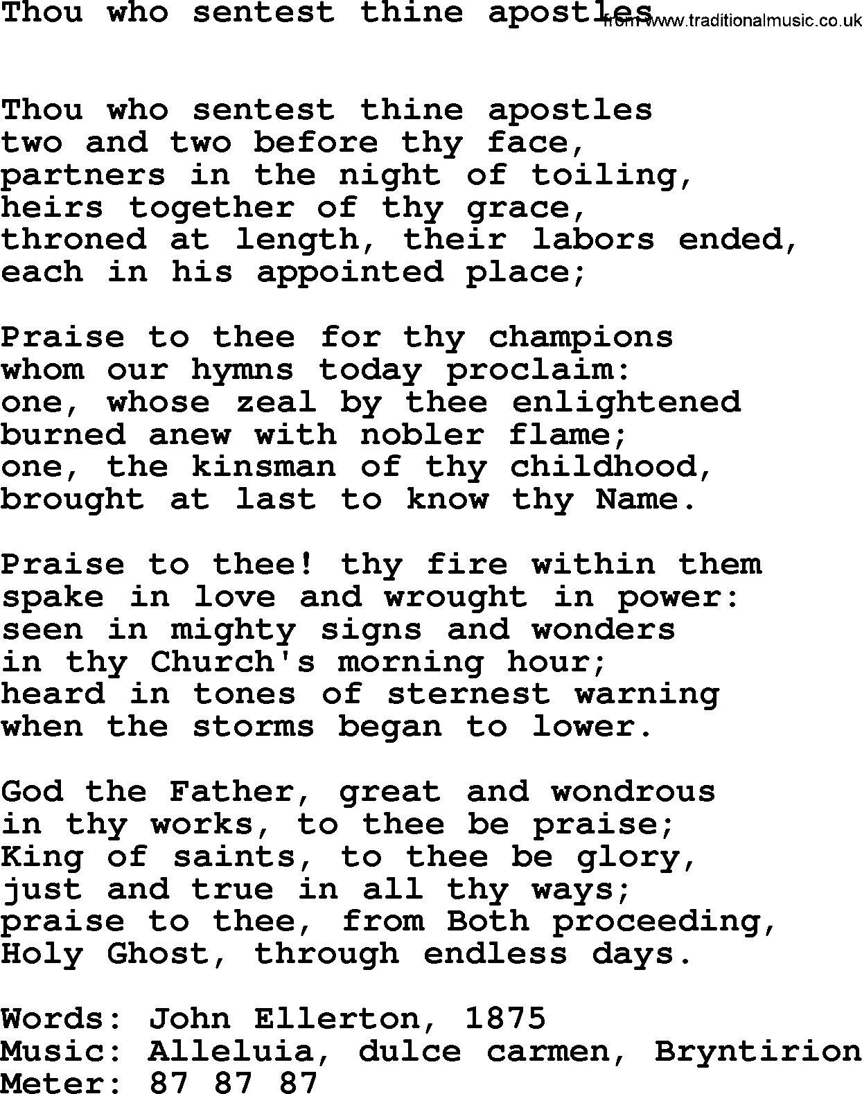 Book of Common Praise Hymn: Thou Who Sentest Thine Apostles.txt lyrics with midi music