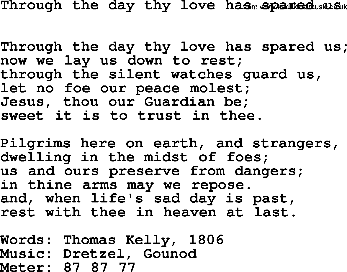 Book of Common Praise Hymn: Through The Day Thy Love Has Spared Us.txt lyrics with midi music