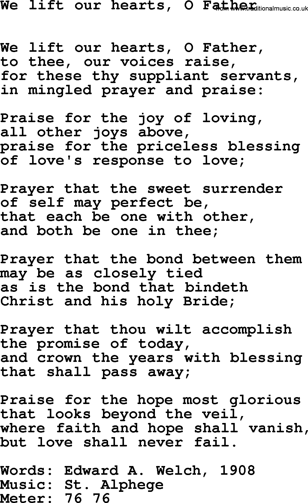 Book of Common Praise Hymn: We Lift Our Hearts, O Father.txt lyrics with midi music