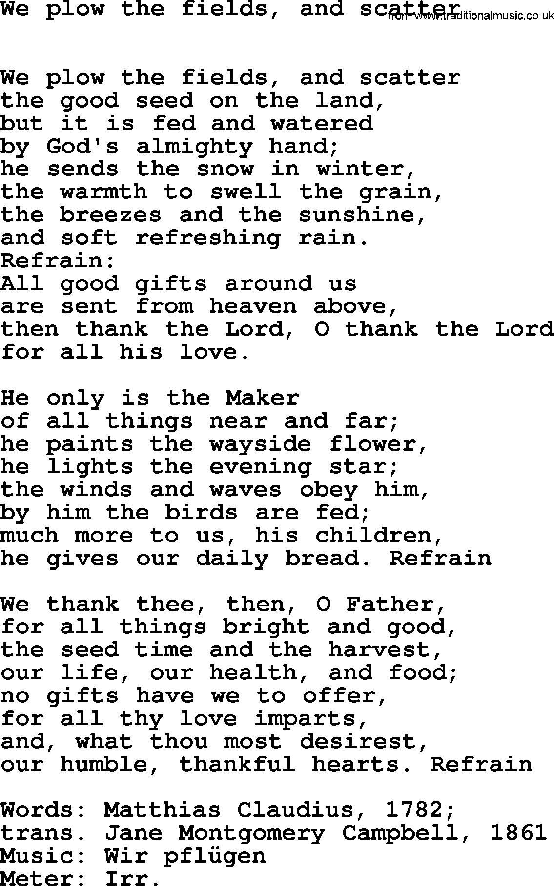 Book of Common Praise Hymn: We Plow The Fields, And Scatter.txt lyrics with midi music