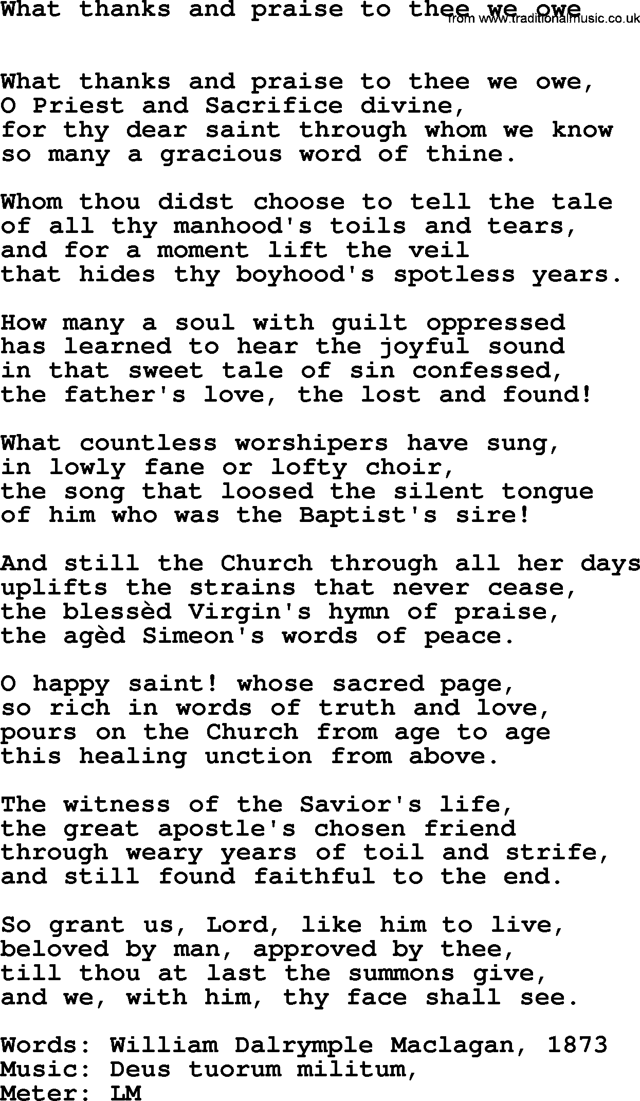 Book of Common Praise Hymn: What Thanks And Praise To Thee We Owe.txt lyrics with midi music