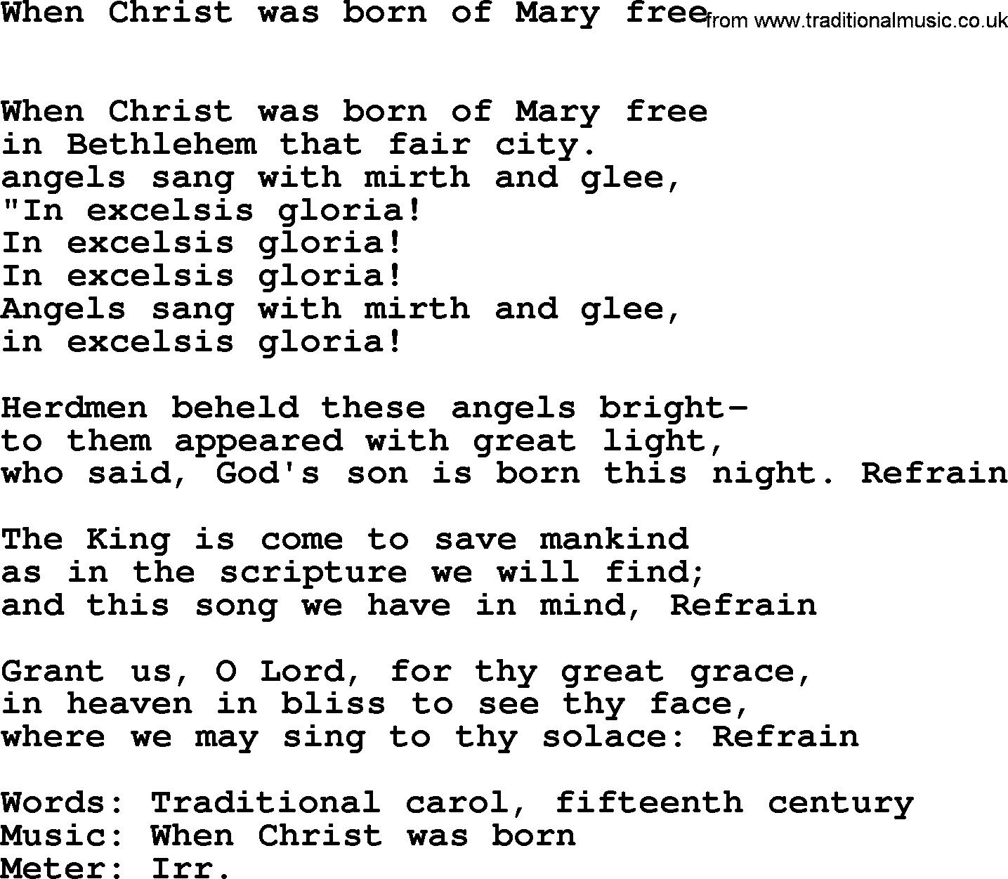 Book of Common Praise Hymn: When Christ Was Born Of Mary Free.txt lyrics with midi music