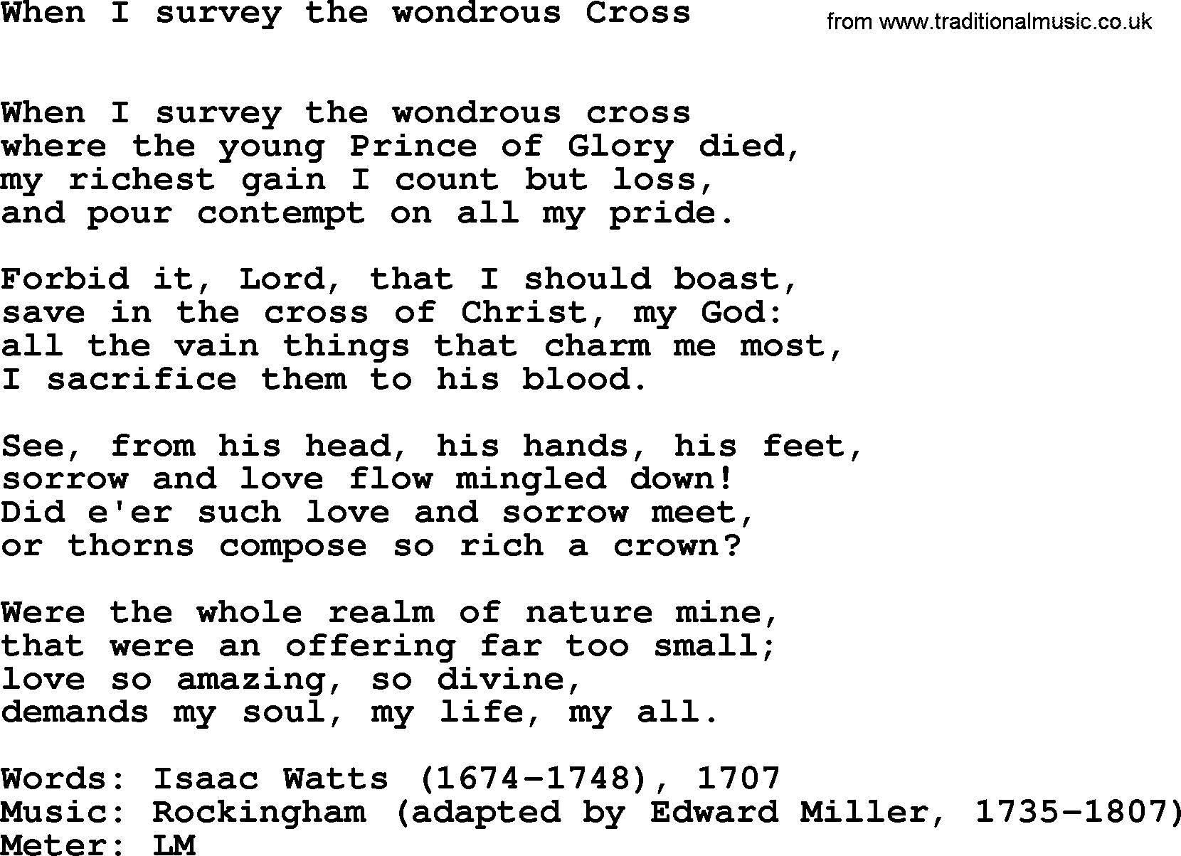 Book of Common Praise Hymn: When I Survey The Wondrous Cross.txt lyrics with midi music