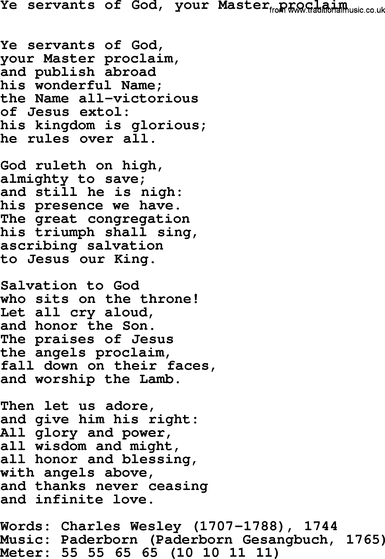 Book of Common Praise Hymn: Ye Servants Of God, Your Master Proclaim.txt lyrics with midi music