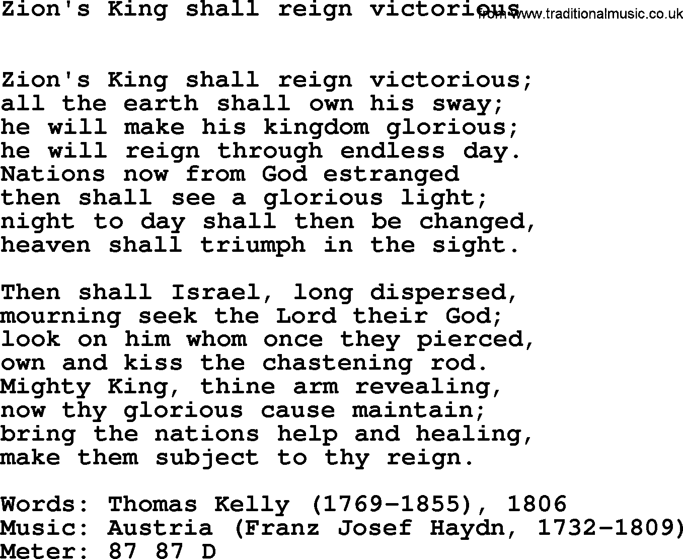 Book of Common Praise Hymn: Zion's King Shall Reign Victorious.txt lyrics with midi music