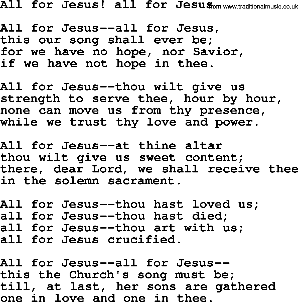 Christian hymns and song lyrics for Communion(The Eucharist): All For Jesus! All For Jesus, lyrics with PDF