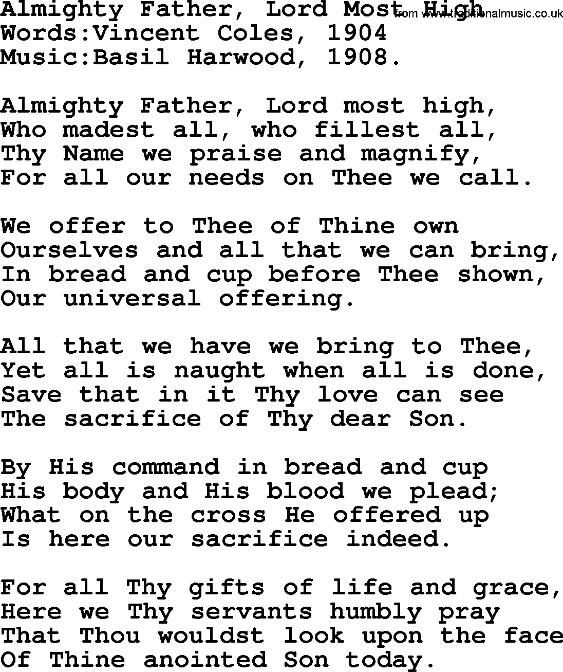 Christian hymns and song lyrics for Communion(The Eucharist): Almighty Father, Lord Most High, lyrics with PDF