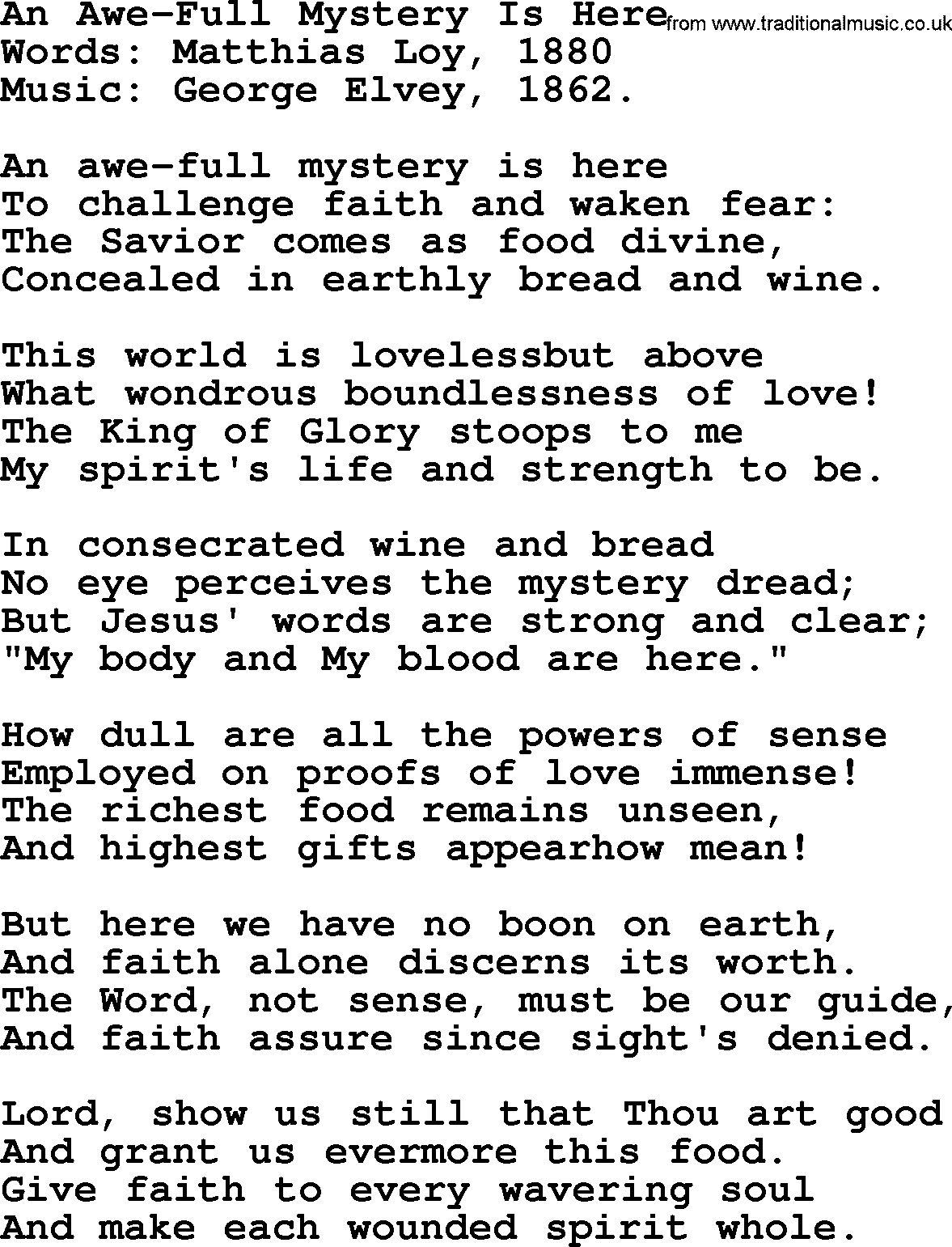 Christian hymns and song lyrics for Communion(The Eucharist): An Awe-full Mystery Is Here, lyrics with PDF
