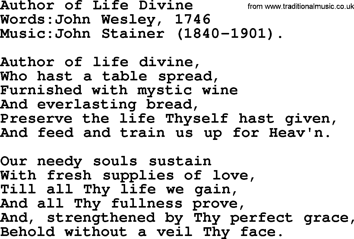 Christian hymns and song lyrics for Communion(The Eucharist): Author Of Life Divine, lyrics with PDF