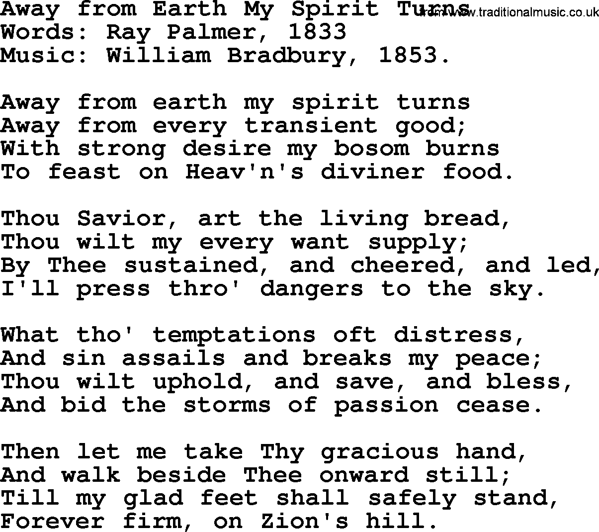 Christian hymns and song lyrics for Communion(The Eucharist): Away From Earth My Spirit Turns, lyrics with PDF