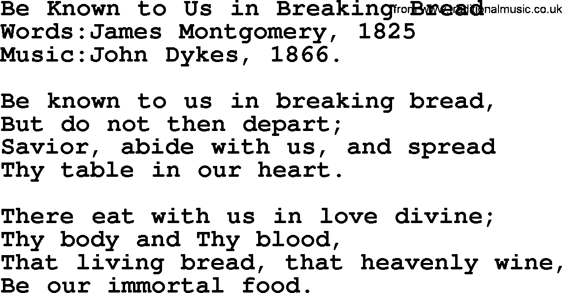 Christian hymns and song lyrics for Communion(The Eucharist): Be Known To Us In Breaking Bread, lyrics with PDF
