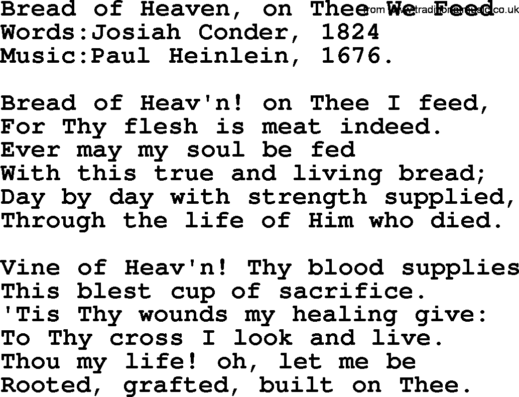 Christian hymns and song lyrics for Communion(The Eucharist): Bread Of Heaven, On Thee We Feed, lyrics with PDF