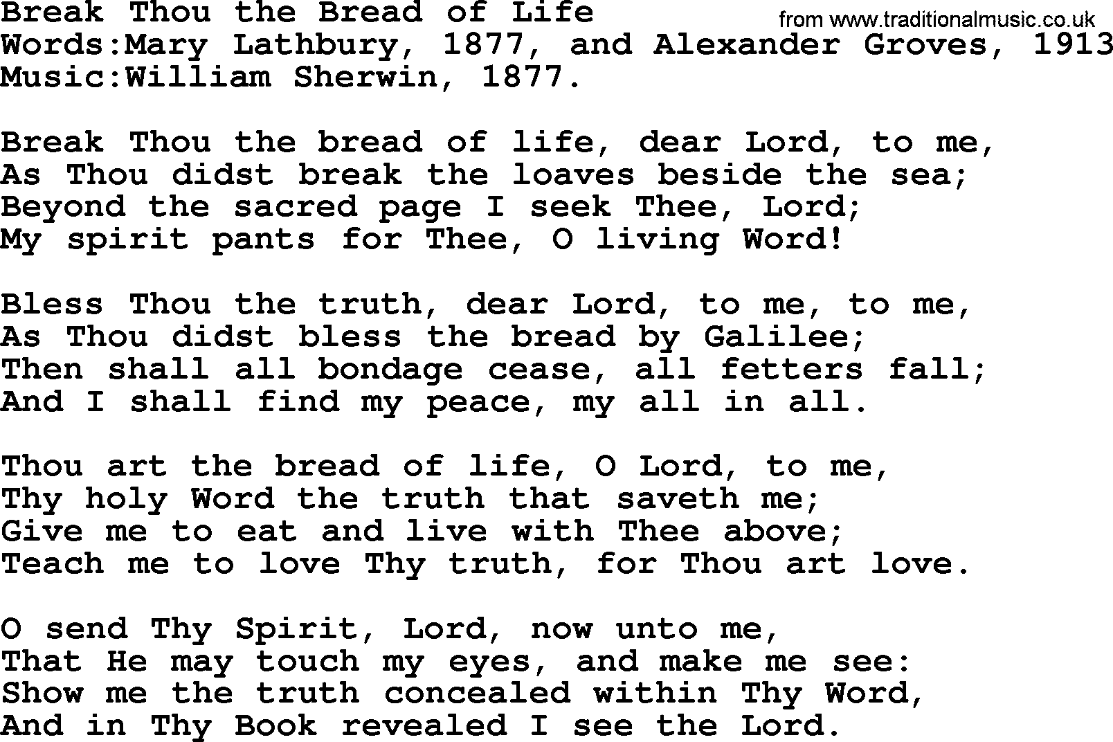 Christian hymns and song lyrics for Communion(The Eucharist): Break Thou The Bread Of Life, lyrics with PDF