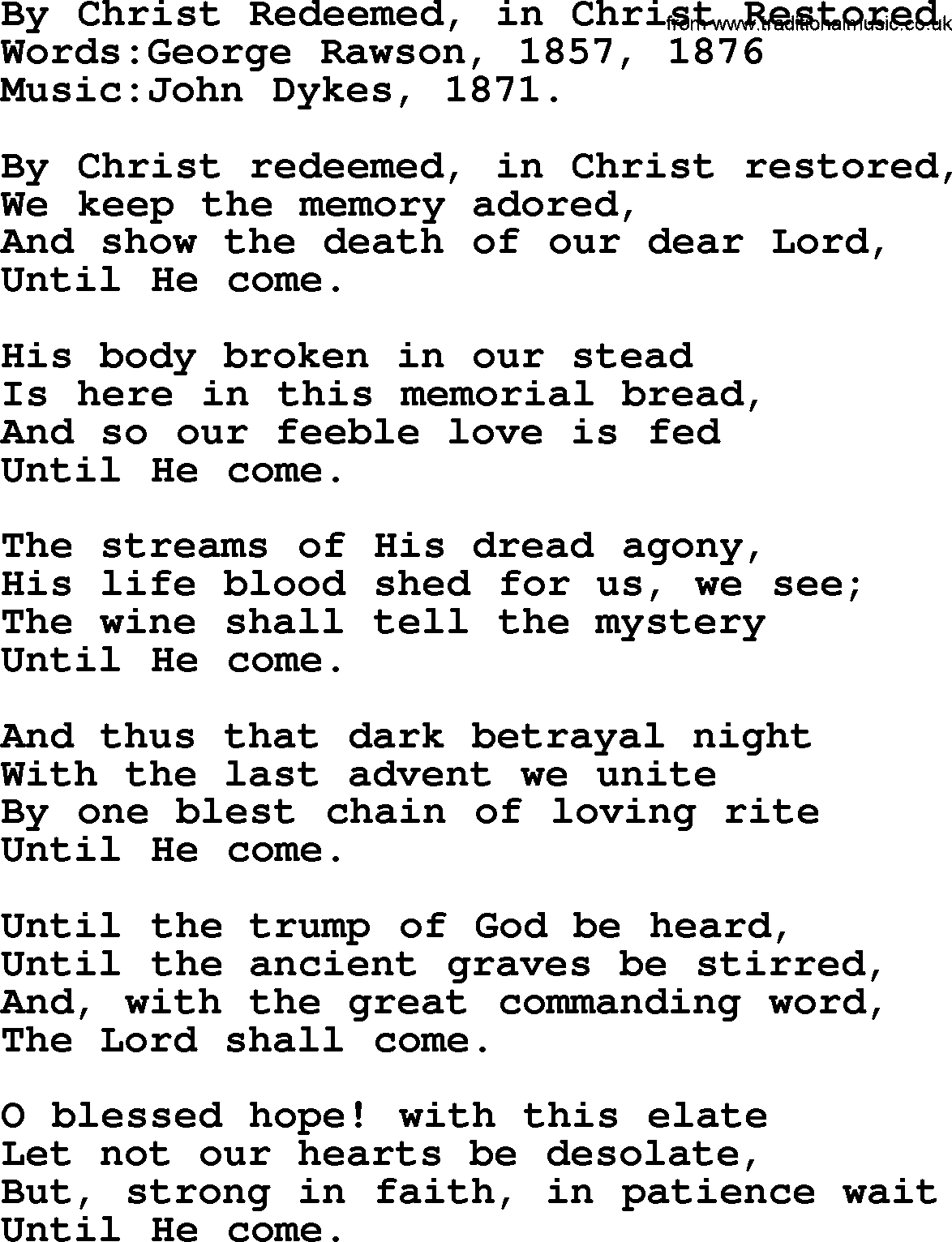 Christian hymns and song lyrics for Communion(The Eucharist): By Christ Redeemed, In Christ Restored, lyrics with PDF