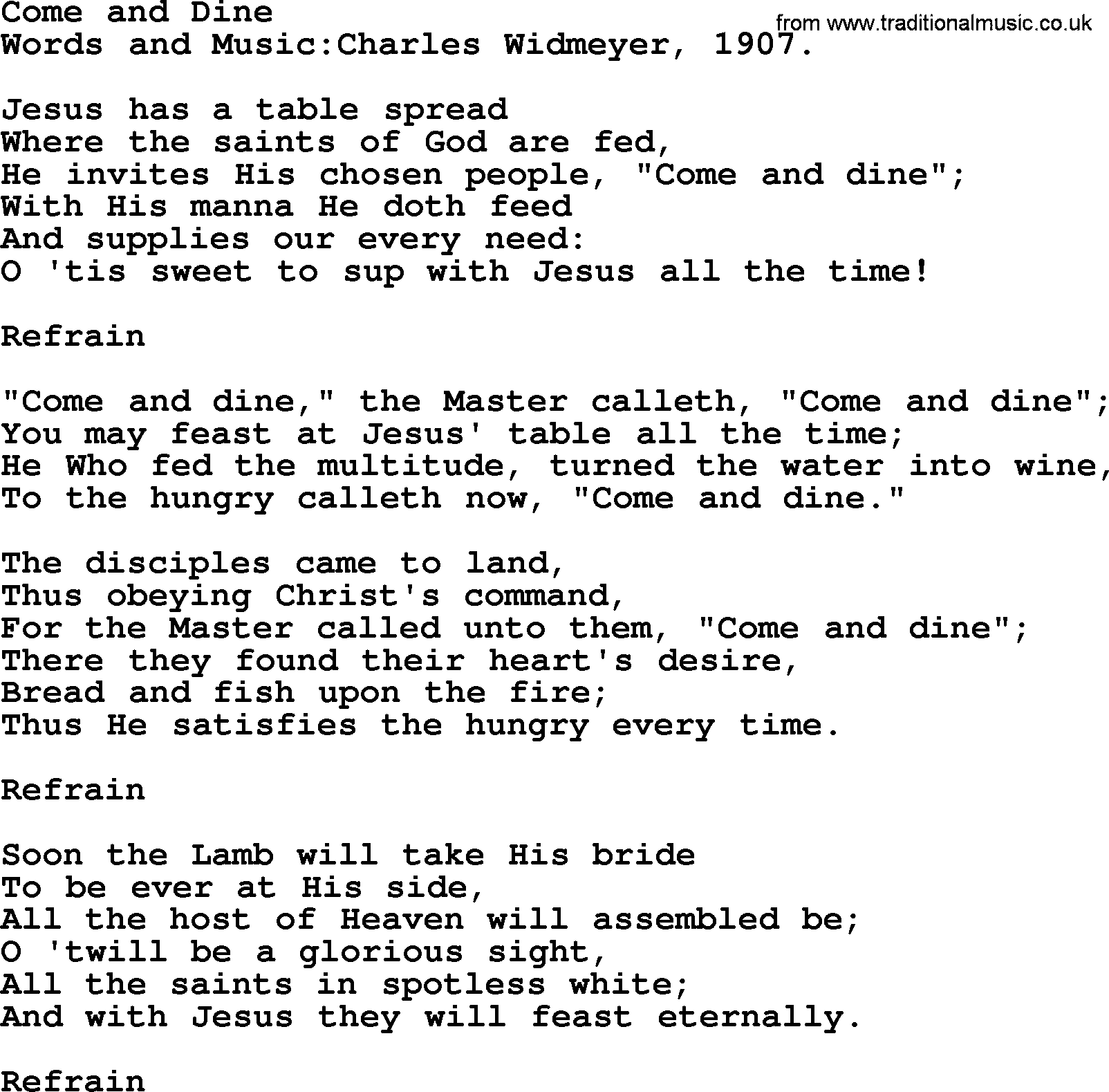Christian hymns and song lyrics for Communion(The Eucharist): Come And Dine, lyrics with PDF