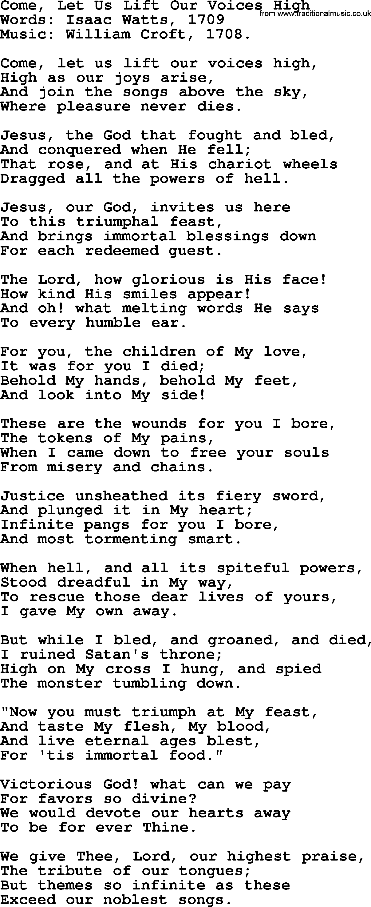 Christian hymns and song lyrics for Communion(The Eucharist): Come, Let Us Lift Our Voices High, lyrics with PDF