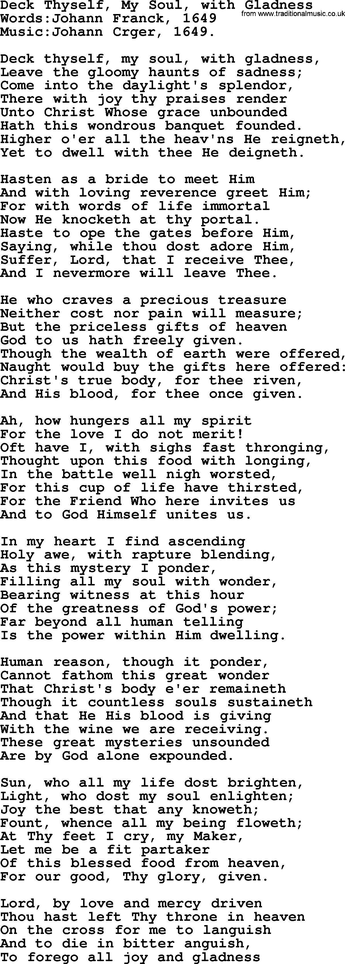 Christian hymns and song lyrics for Communion(The Eucharist): Deck Thyself, My Soul, With Gladness, lyrics with PDF