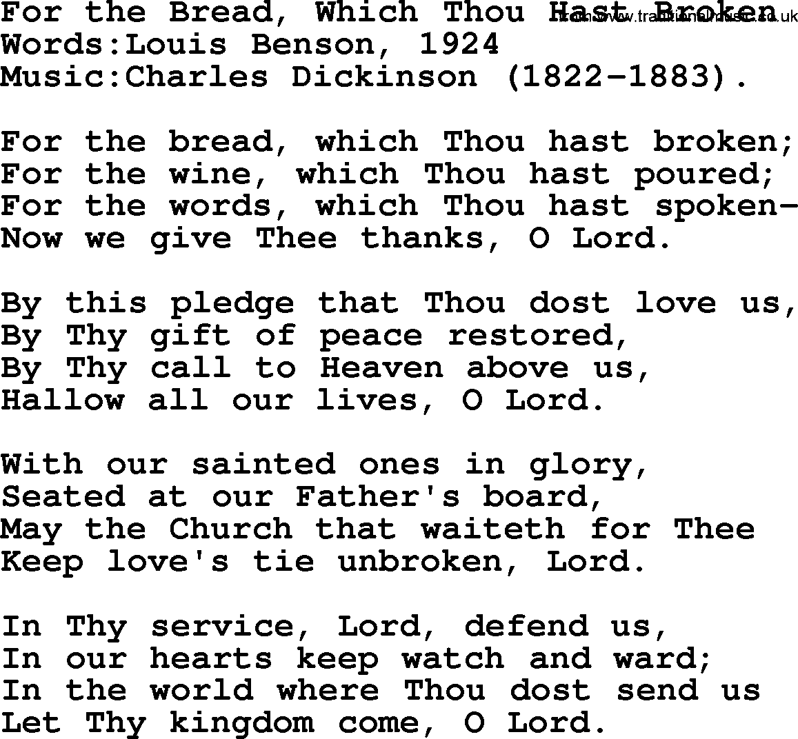 Christian hymns and song lyrics for Communion(The Eucharist): For The Bread, Which Thou Hast Broken, lyrics with PDF