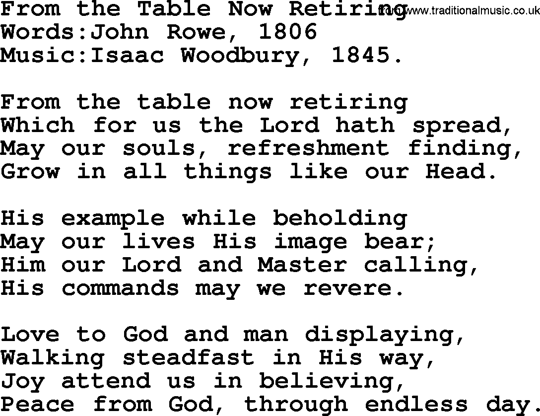 Christian hymns and song lyrics for Communion(The Eucharist): From The Table Now Retiring, lyrics with PDF