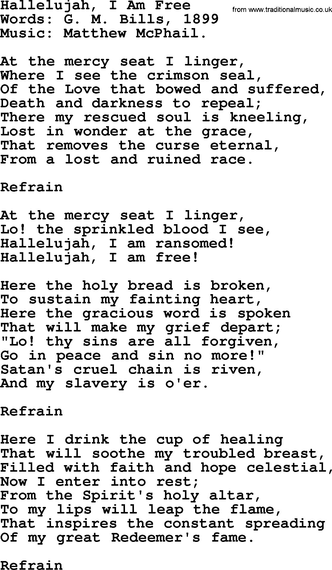 Christian hymns and song lyrics for Communion(The Eucharist): Hallelujah, I Am Free, lyrics with PDF