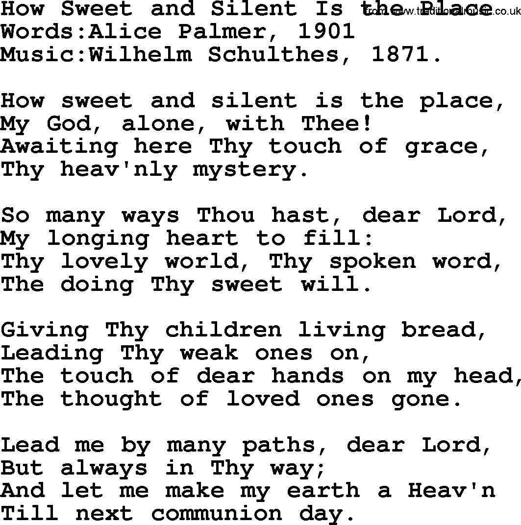 Christian hymns and song lyrics for Communion(The Eucharist): How Sweet And Silent Is The Place, lyrics with PDF