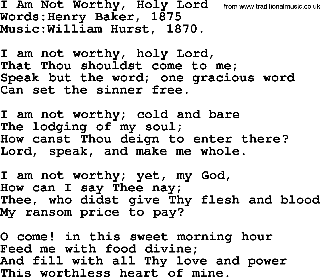 Christian hymns and song lyrics for Communion(The Eucharist): I Am Not Worthy, Holy Lord, lyrics with PDF