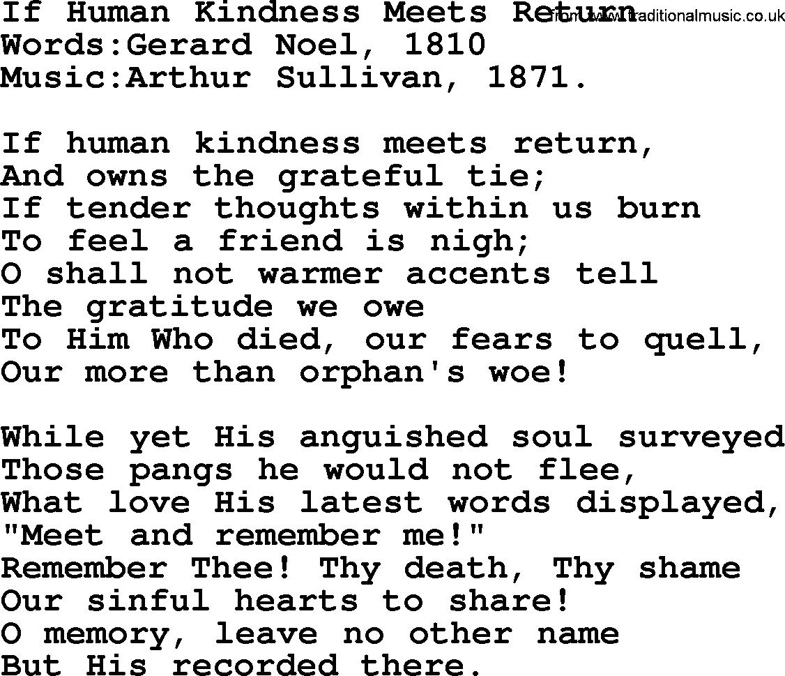 Christian hymns and song lyrics for Communion(The Eucharist): If Human Kindness Meets Return, lyrics with PDF