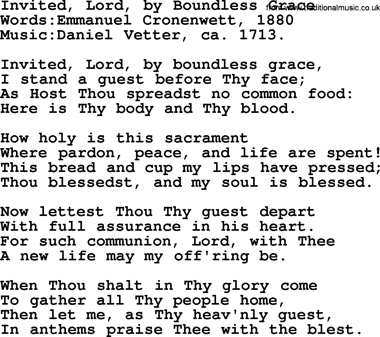 Christian hymns and song lyrics for Communion(The Eucharist): Invited, Lord, By Boundless Grace, lyrics with PDF