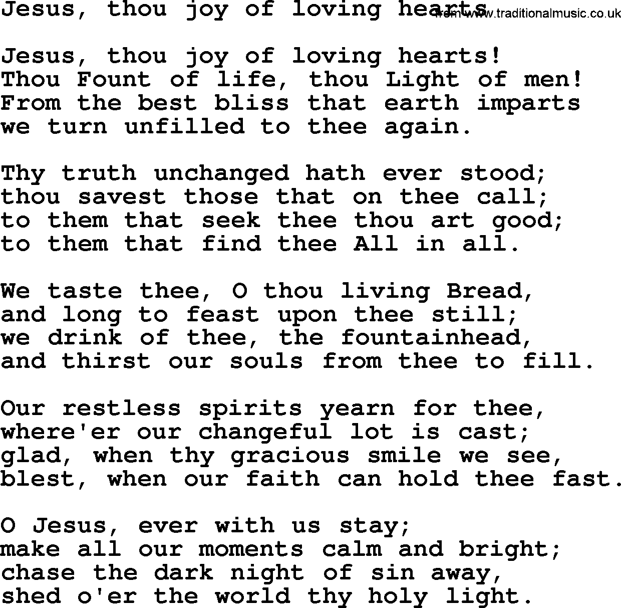 Christian hymns and song lyrics for Communion(The Eucharist): Jesus, Thou Joy Of Loving Hearts, lyrics with PDF