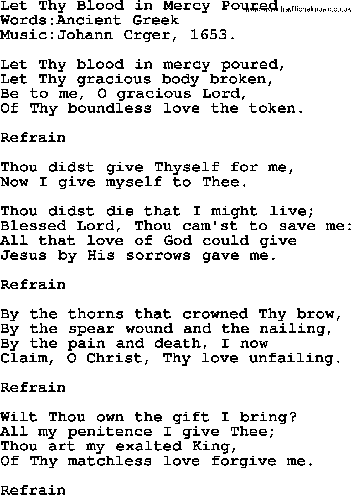 Christian hymns and song lyrics for Communion(The Eucharist): Let Thy Blood In Mercy Poured, lyrics with PDF