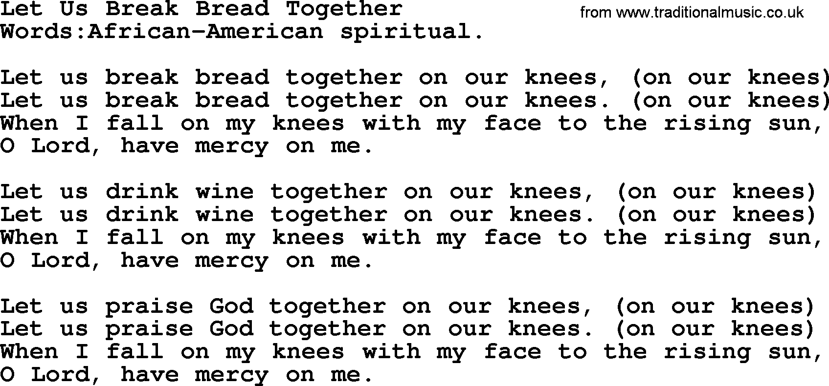 Christian hymns and song lyrics for Communion(The Eucharist): Let Us Break Bread Together, lyrics with PDF