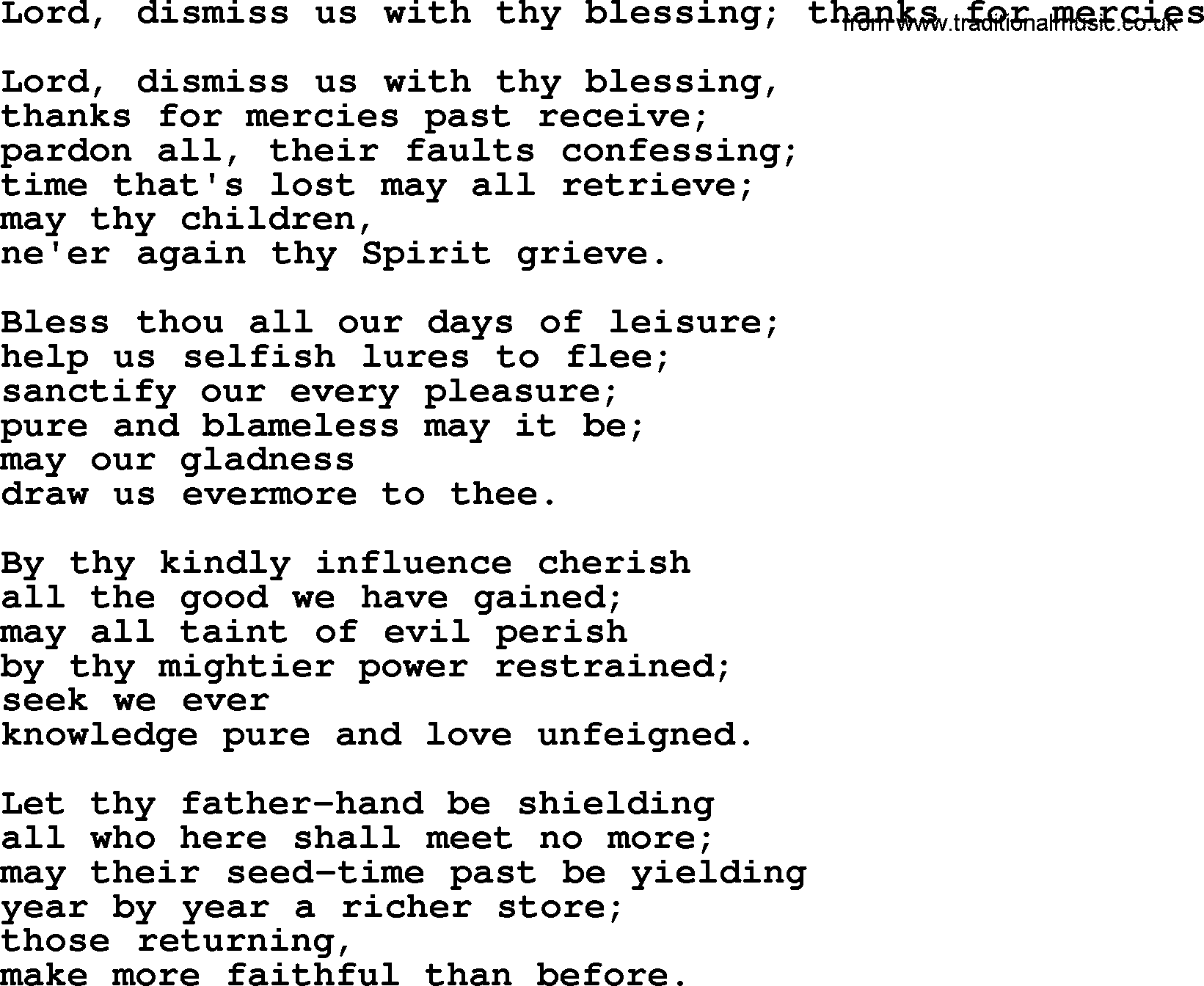 Christian hymns and song lyrics for Communion(The Eucharist): Lord, Dismiss Us With Thy Blessing; Thanks For Mercies, lyrics with PDF