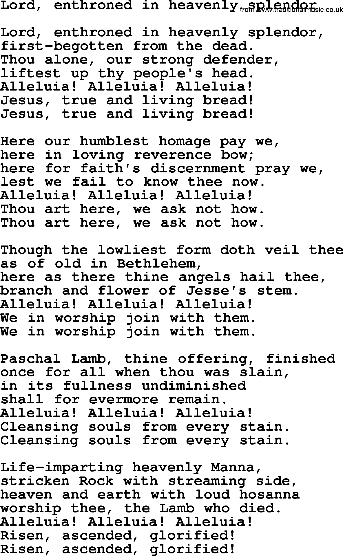 Christian hymns and song lyrics for Communion(The Eucharist): Lord, Enthroned In Heavenly Splendor, lyrics with PDF