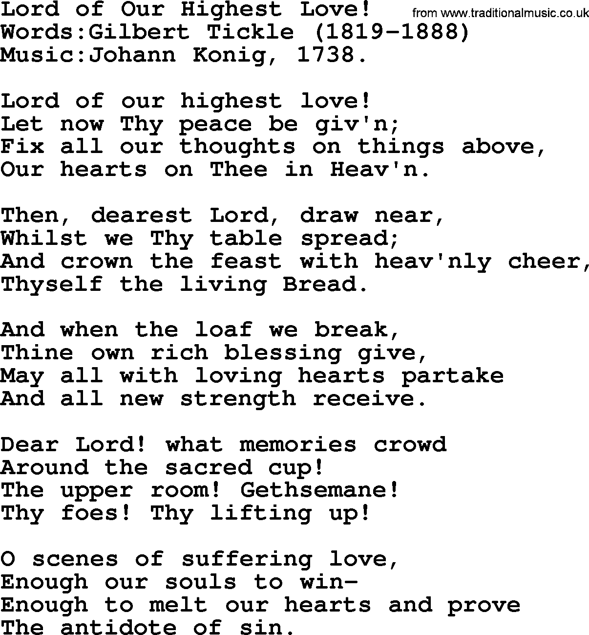 Christian hymns and song lyrics for Communion(The Eucharist): Lord Of Our Highest Love!, lyrics with PDF