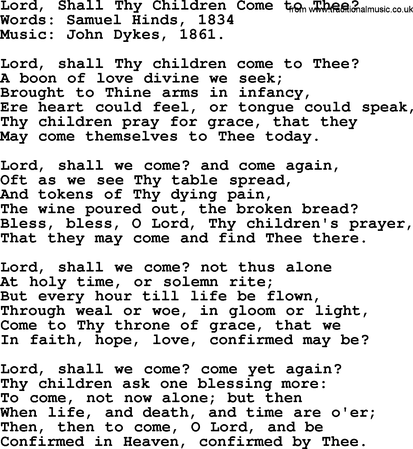 Christian hymns and song lyrics for Communion(The Eucharist): Lord, Shall Thy Children Come To Thee_, lyrics with PDF