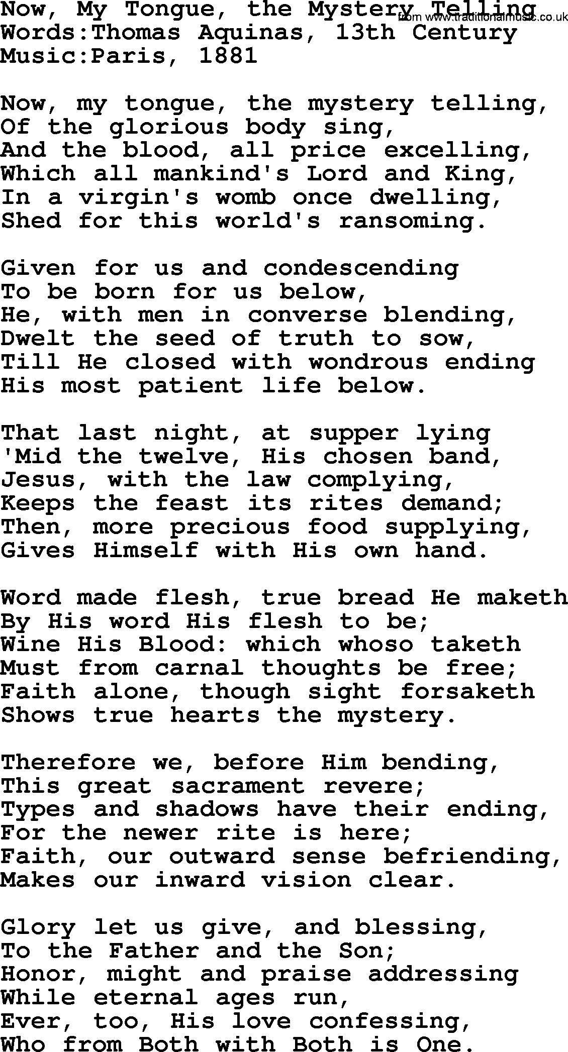 Christian hymns and song lyrics for Communion(The Eucharist): Now, My Tongue, The Mystery Telling, lyrics with PDF