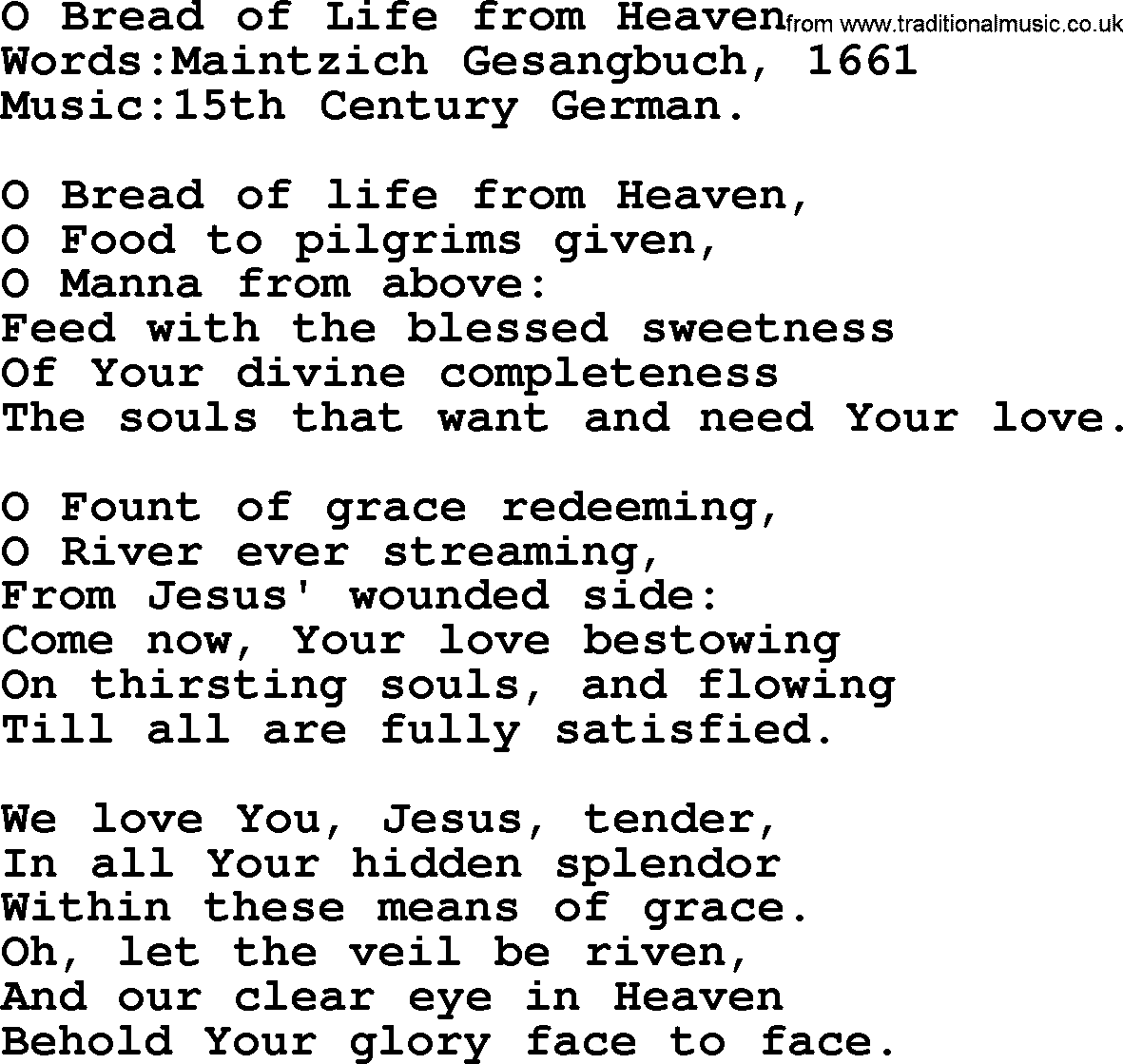 Christian hymns and song lyrics for Communion(The Eucharist): O Bread Of Life From Heaven, lyrics with PDF