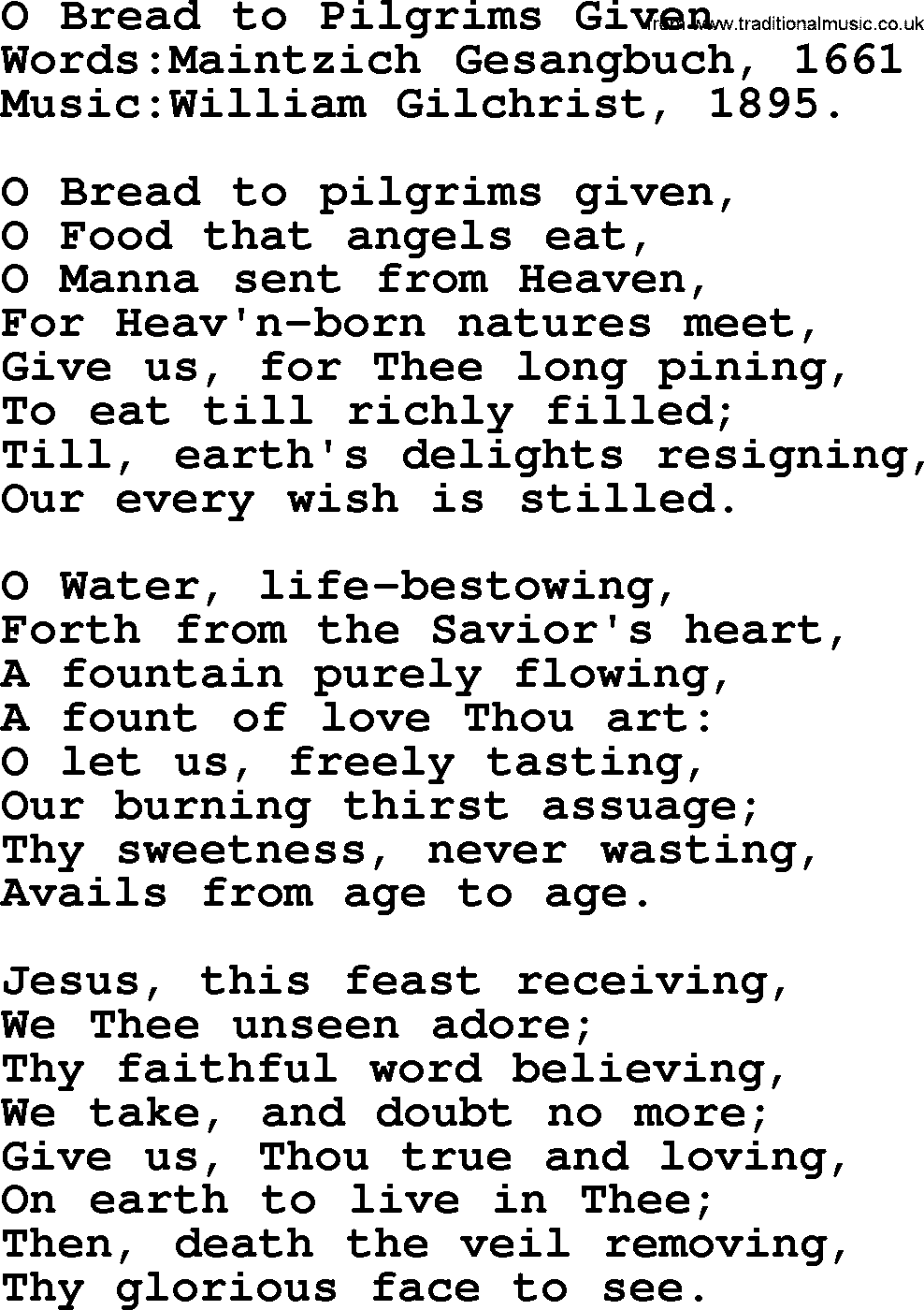 Christian hymns and song lyrics for Communion(The Eucharist): O Bread To Pilgrims Given, lyrics with PDF