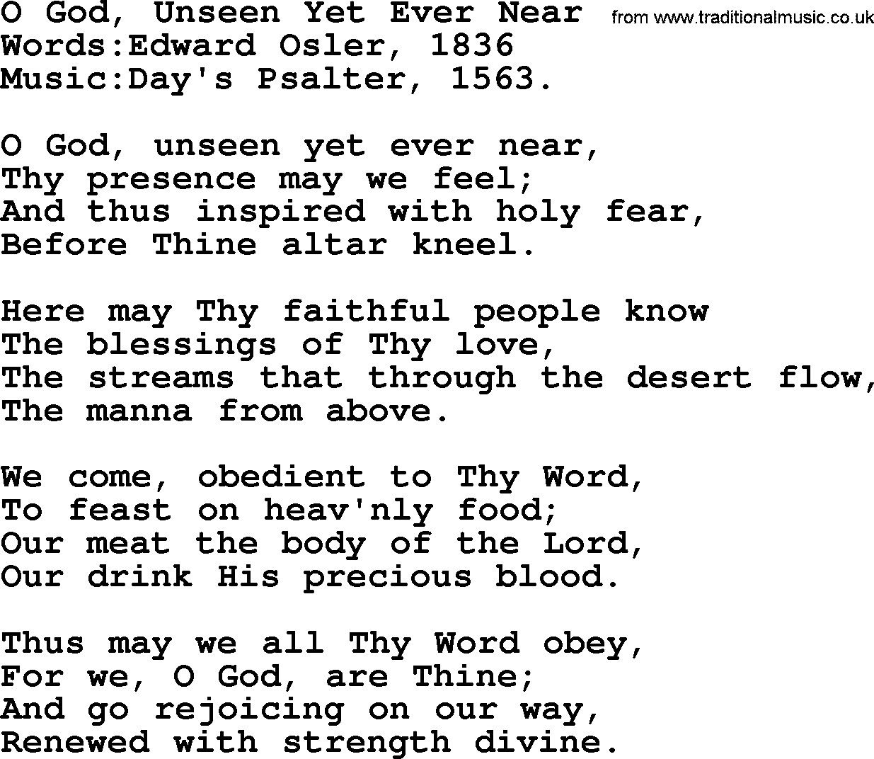 Christian hymns and song lyrics for Communion(The Eucharist): O God, Unseen Yet Ever Near, lyrics with PDF
