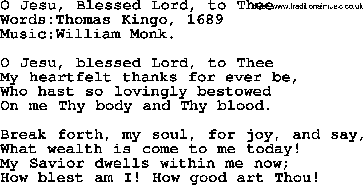 Christian hymns and song lyrics for Communion(The Eucharist): O Jesu, Blessed Lord, To Thee, lyrics with PDF