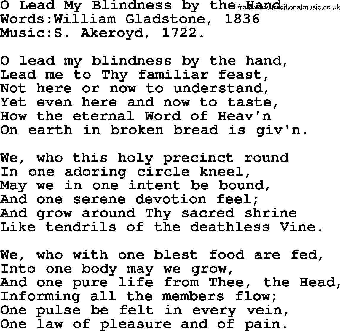 Christian hymns and song lyrics for Communion(The Eucharist): O Lead My Blindness By The Hand, lyrics with PDF