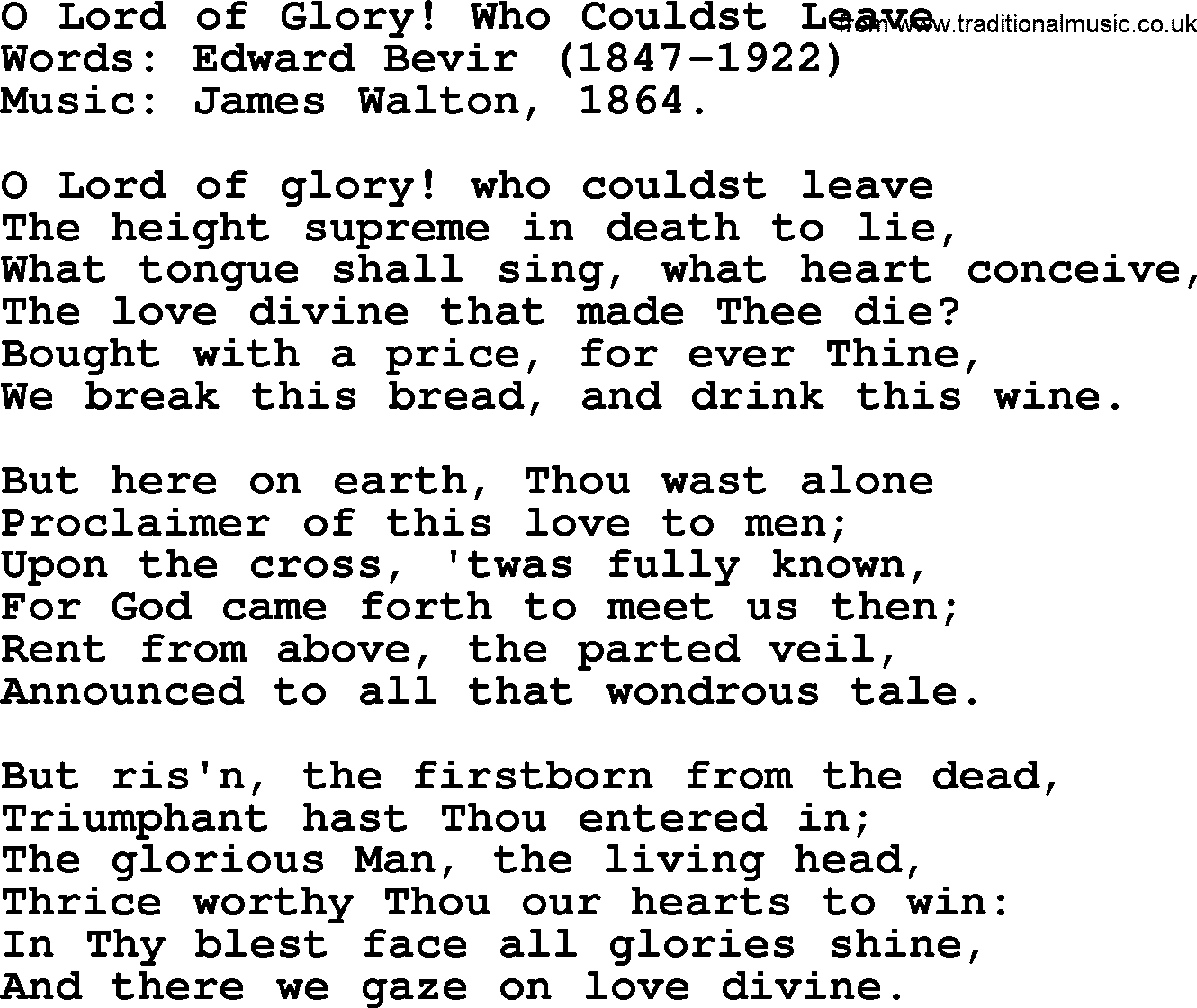Christian hymns and song lyrics for Communion(The Eucharist): O Lord Of Glory! Who Couldst Leave, lyrics with PDF