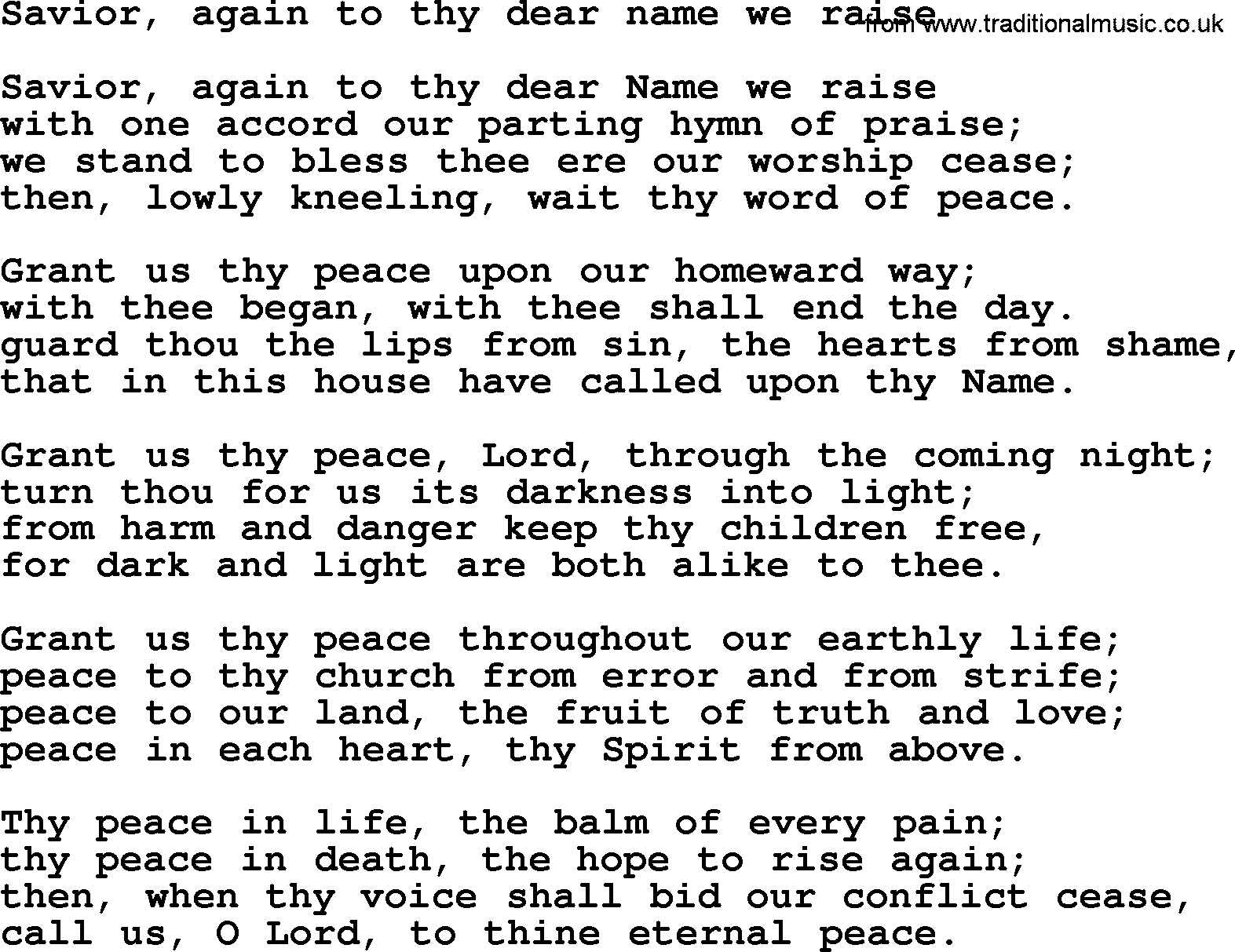 Christian hymns and song lyrics for Communion(The Eucharist): Savior, Again To Thy Dear Name We Raise, lyrics with PDF