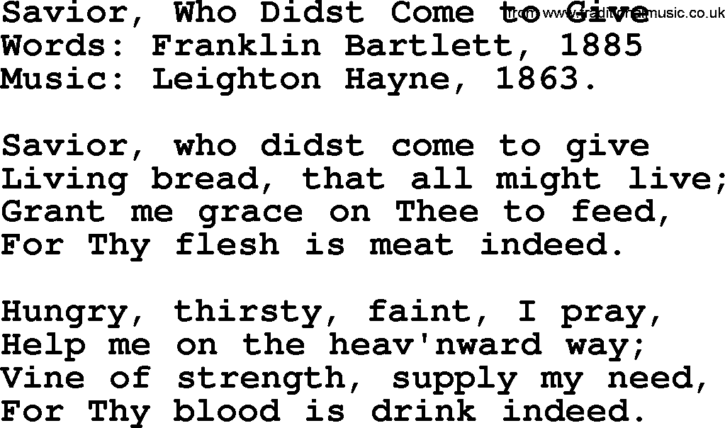 Christian hymns and song lyrics for Communion(The Eucharist): Savior, Who Didst Come To Give, lyrics with PDF