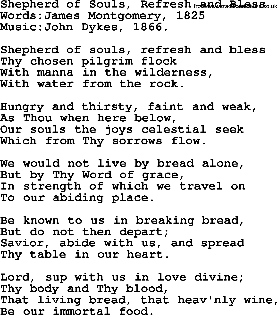 Christian hymns and song lyrics for Communion(The Eucharist): Shepherd Of Souls, Refresh And Bless, lyrics with PDF