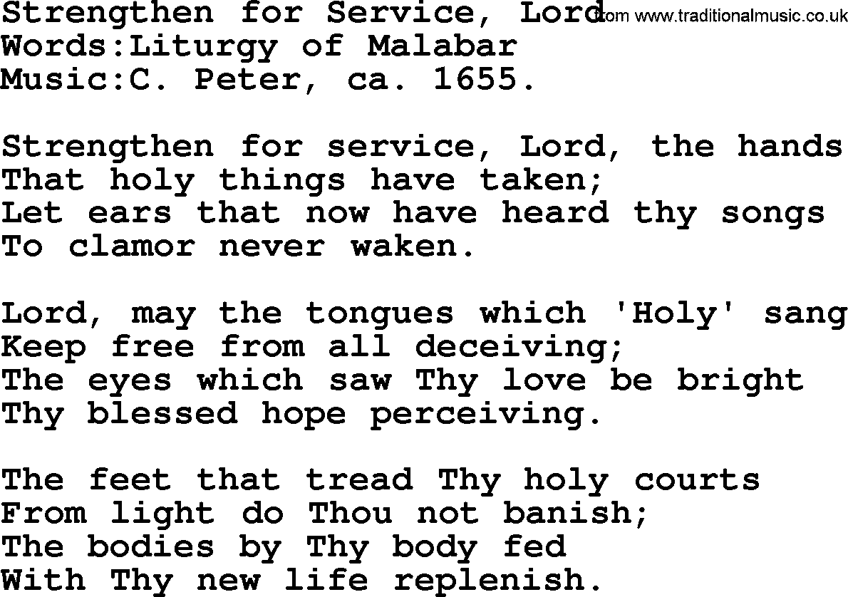 Christian hymns and song lyrics for Communion(The Eucharist): Strengthen For Service, Lord, lyrics with PDF
